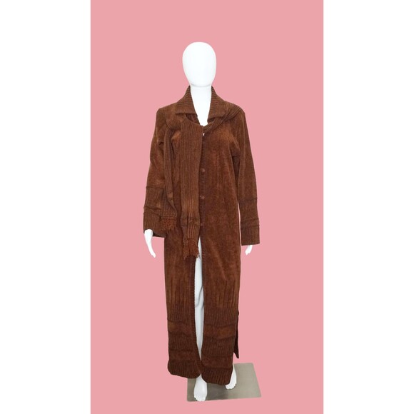 1990s-Y2K EGYPTIAN Brown Button Up DUSTER CARDIGAN with Scarf. Large-Extra Large - Picture 3 of 13